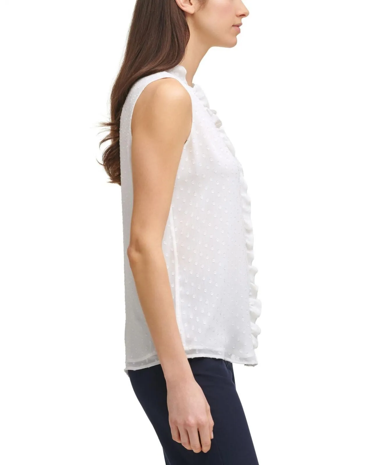 Tommy Hilfiger White Ruffled Textured Sleeveless V Neck Tank Top White M