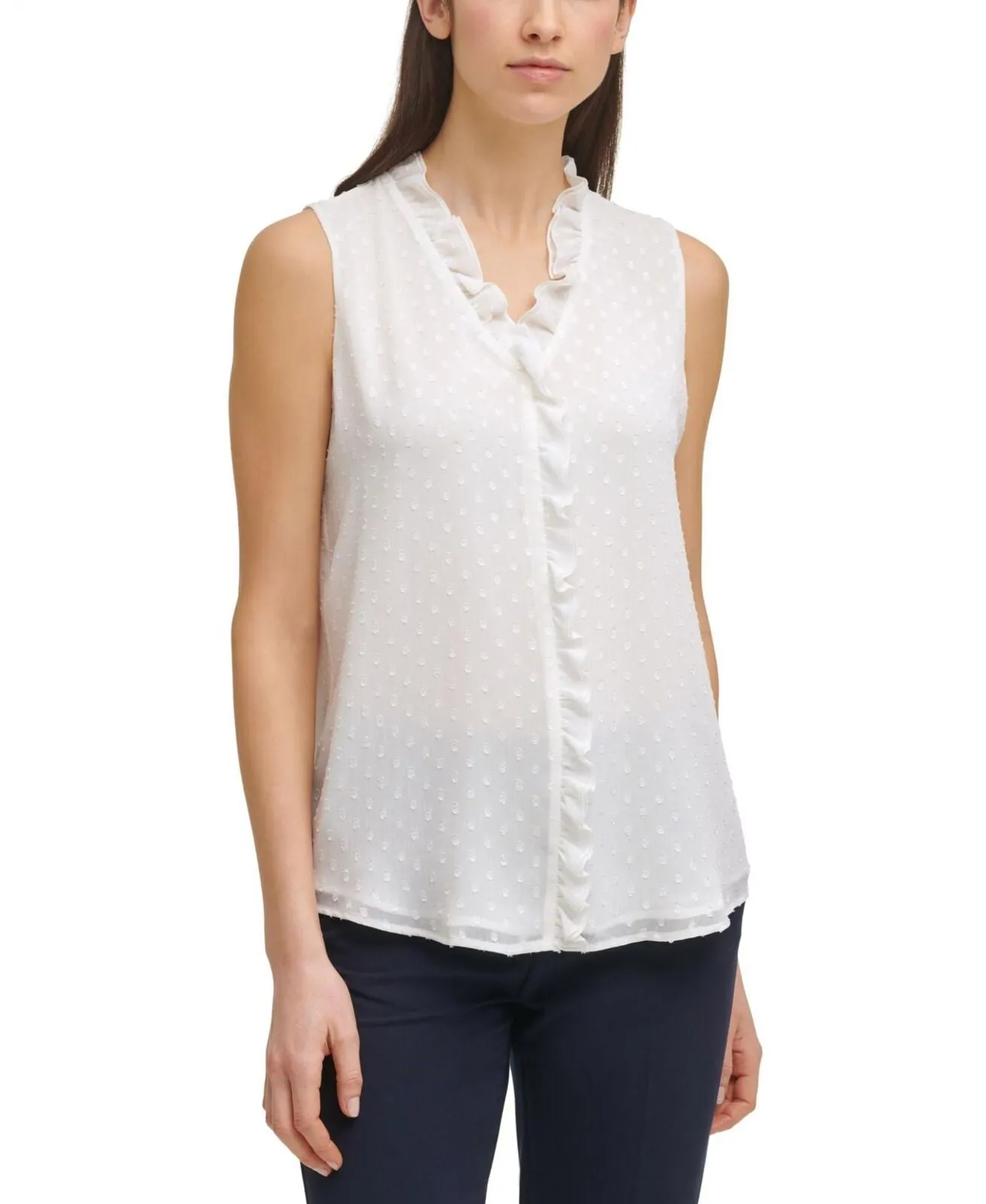 Tommy Hilfiger White Ruffled Textured Sleeveless V Neck Tank Top White M