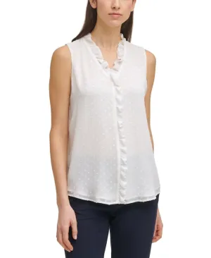 Tommy Hilfiger White Ruffled Textured Sleeveless V Neck Tank Top White M