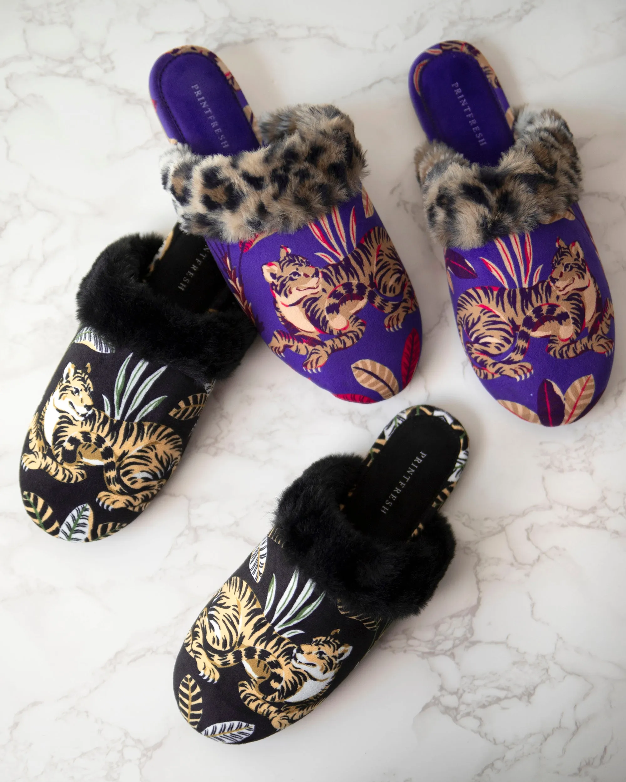 Untamed Tiger - Velvet Faux-Fur Slippers - Gold Ink