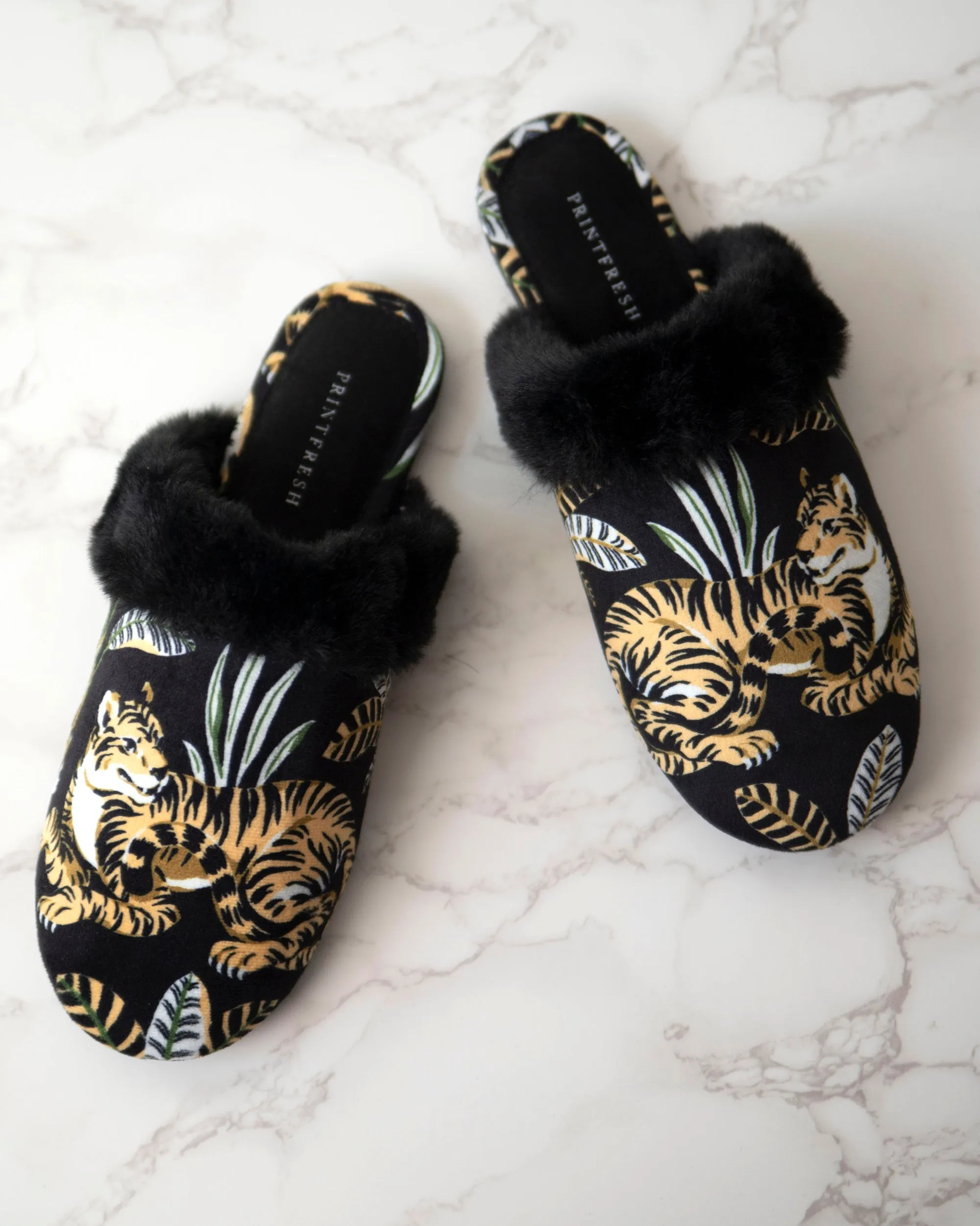 Untamed Tiger - Velvet Faux-Fur Slippers - Gold Ink
