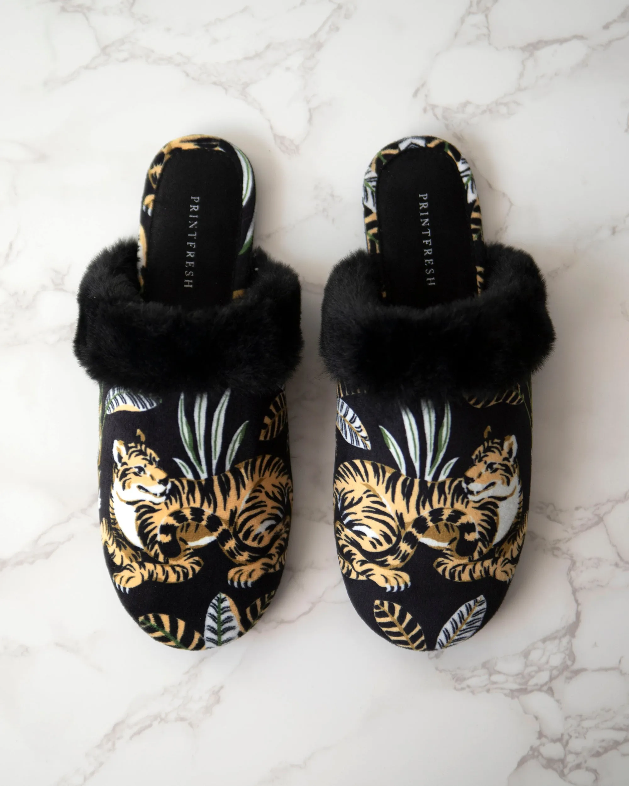 Untamed Tiger - Velvet Faux-Fur Slippers - Gold Ink