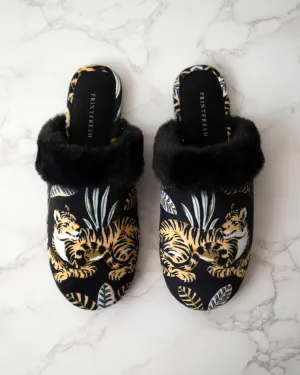 Untamed Tiger - Velvet Faux-Fur Slippers - Gold Ink