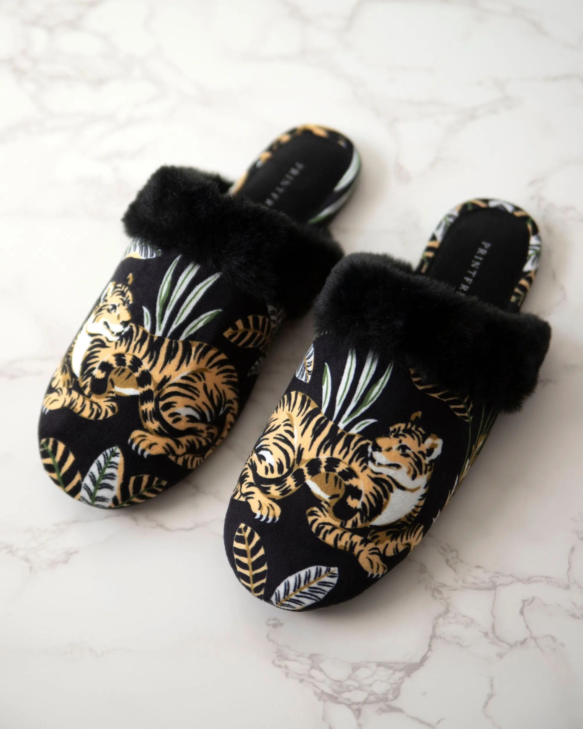 Untamed Tiger - Velvet Faux-Fur Slippers - Gold Ink
