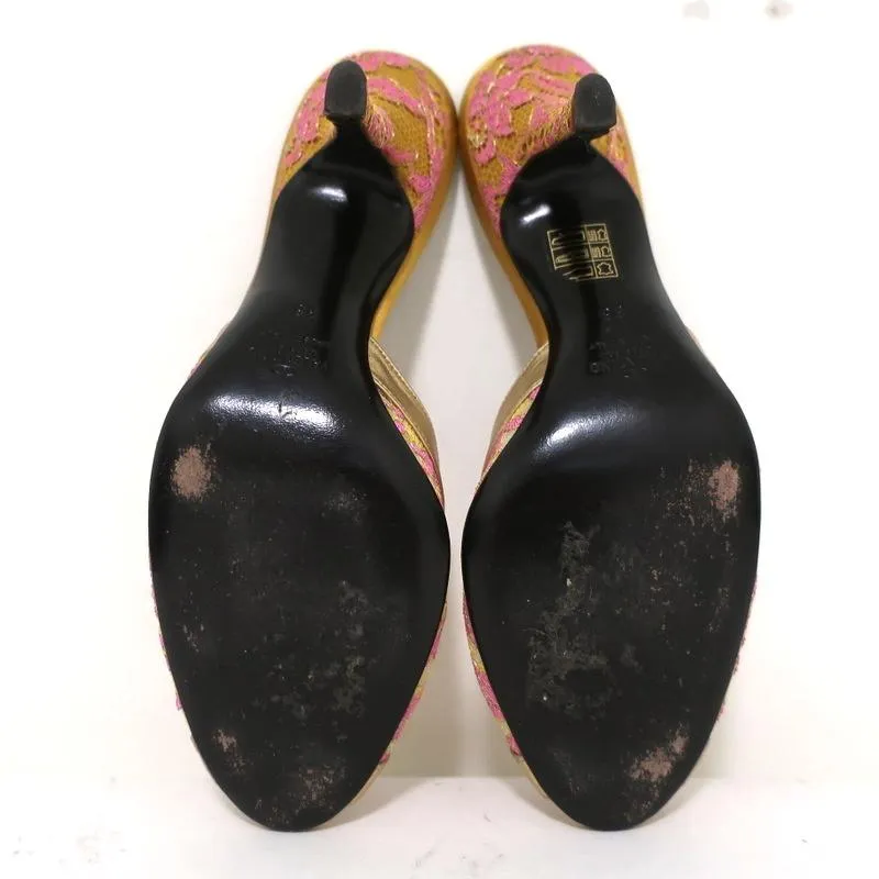 Valentino Peep Toe Mules Gold Metallic Leather-Trim Lace Size 38 Slide Heels