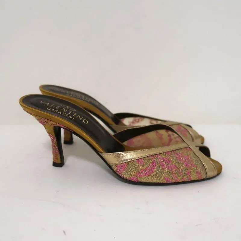 Valentino Peep Toe Mules Gold Metallic Leather-Trim Lace Size 38 Slide Heels