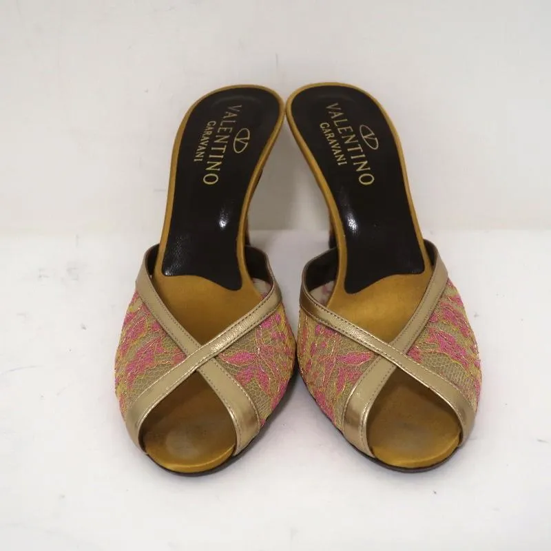Valentino Peep Toe Mules Gold Metallic Leather-Trim Lace Size 38 Slide Heels