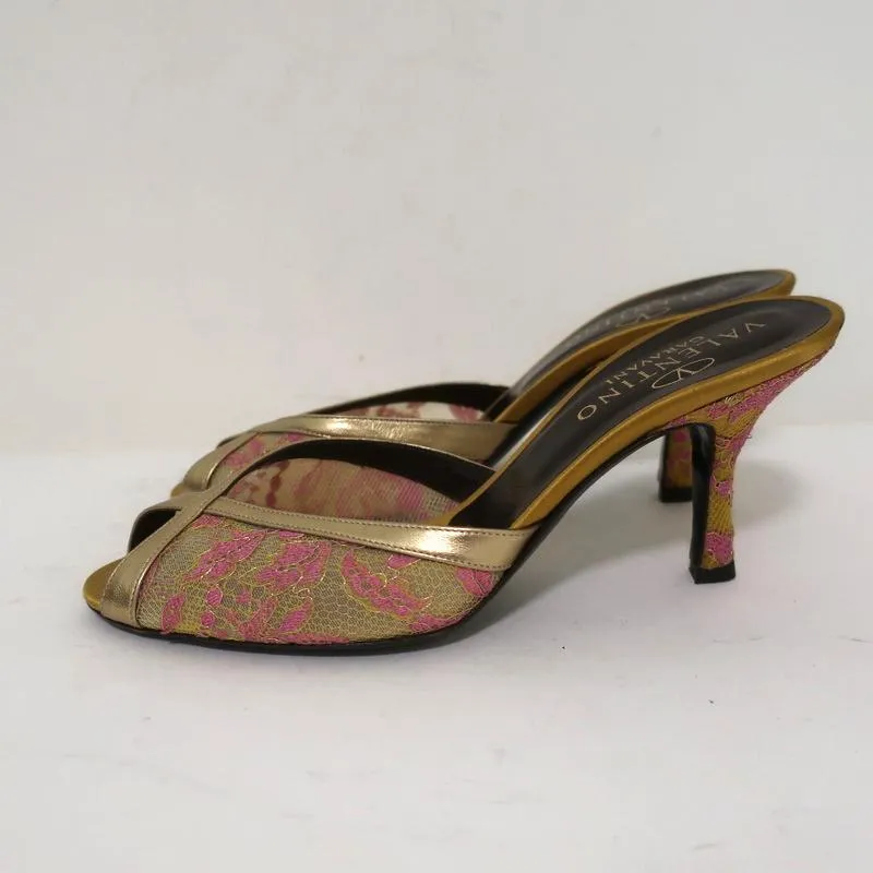 Valentino Peep Toe Mules Gold Metallic Leather-Trim Lace Size 38 Slide Heels