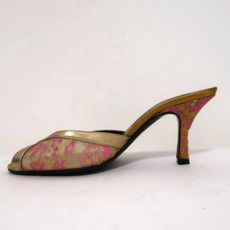 Valentino Peep Toe Mules Gold Metallic Leather-Trim Lace Size 38 Slide Heels