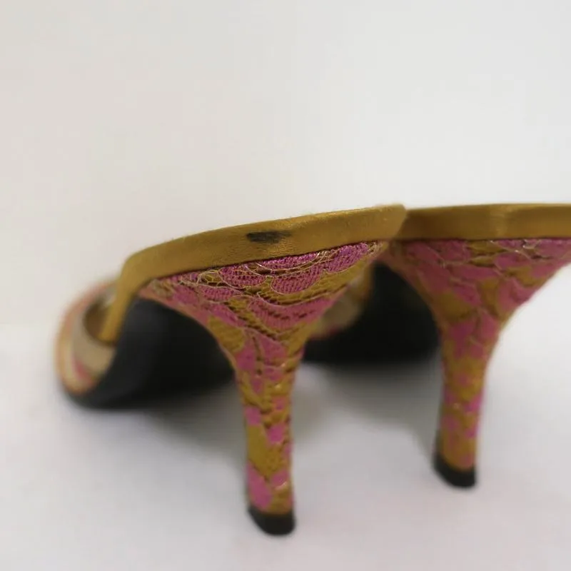 Valentino Peep Toe Mules Gold Metallic Leather-Trim Lace Size 38 Slide Heels