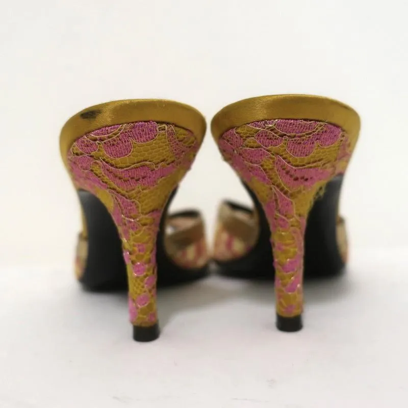 Valentino Peep Toe Mules Gold Metallic Leather-Trim Lace Size 38 Slide Heels