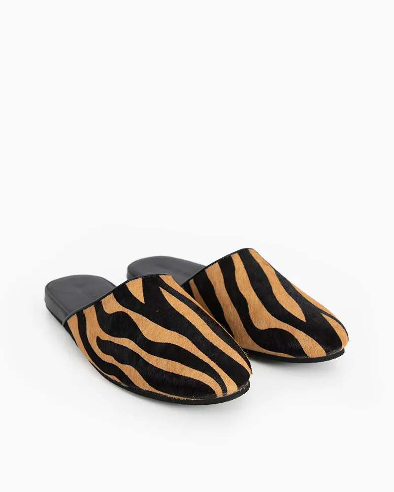 Vertical Striped Calf Hair Flat Slippers Mules