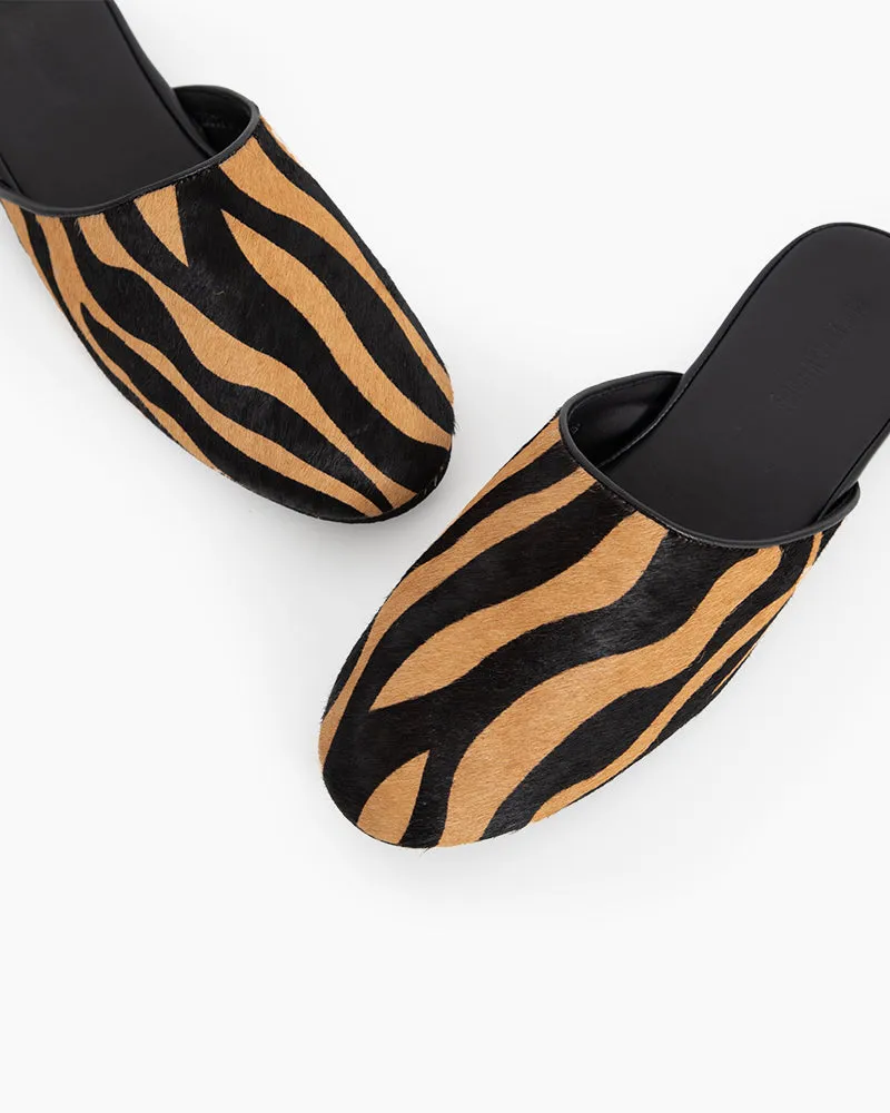 Vertical Striped Calf Hair Flat Slippers Mules