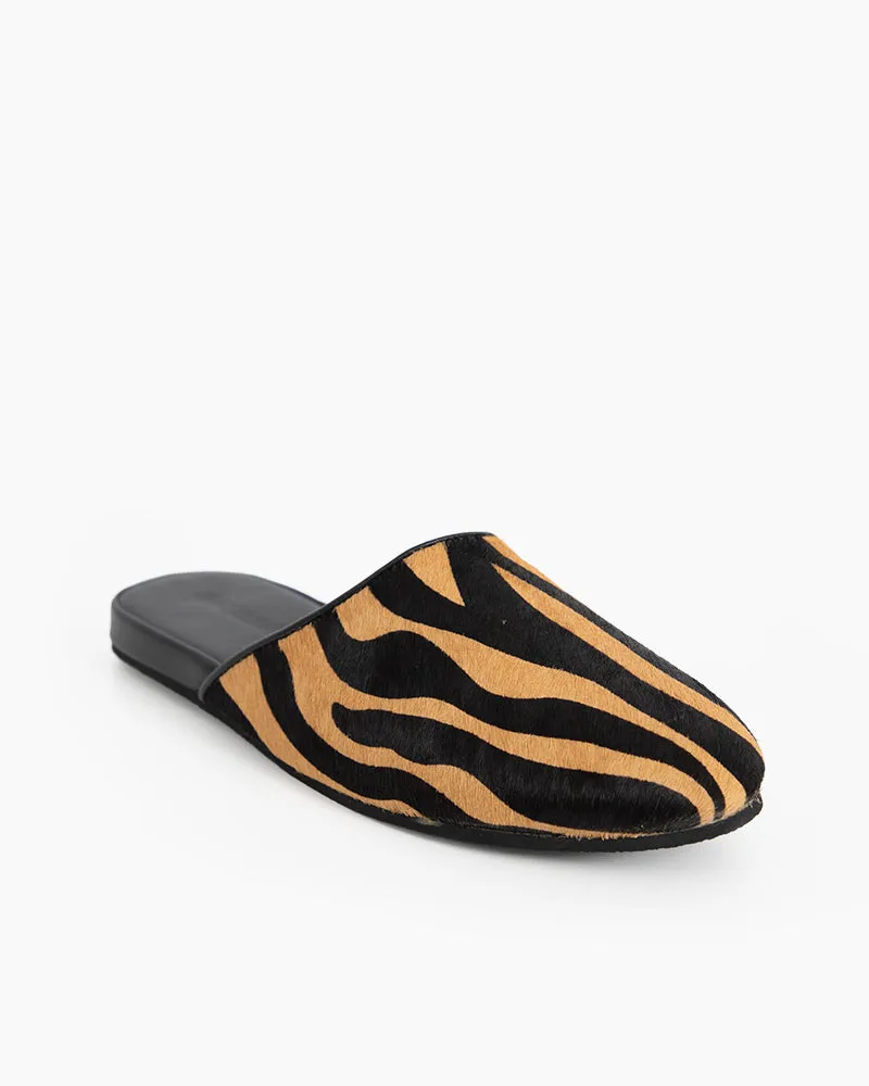 Vertical Striped Calf Hair Flat Slippers Mules