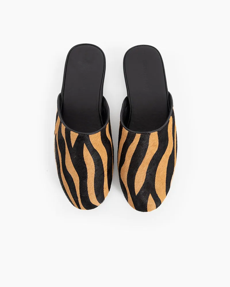 Vertical Striped Calf Hair Flat Slippers Mules