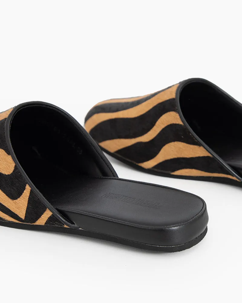 Vertical Striped Calf Hair Flat Slippers Mules