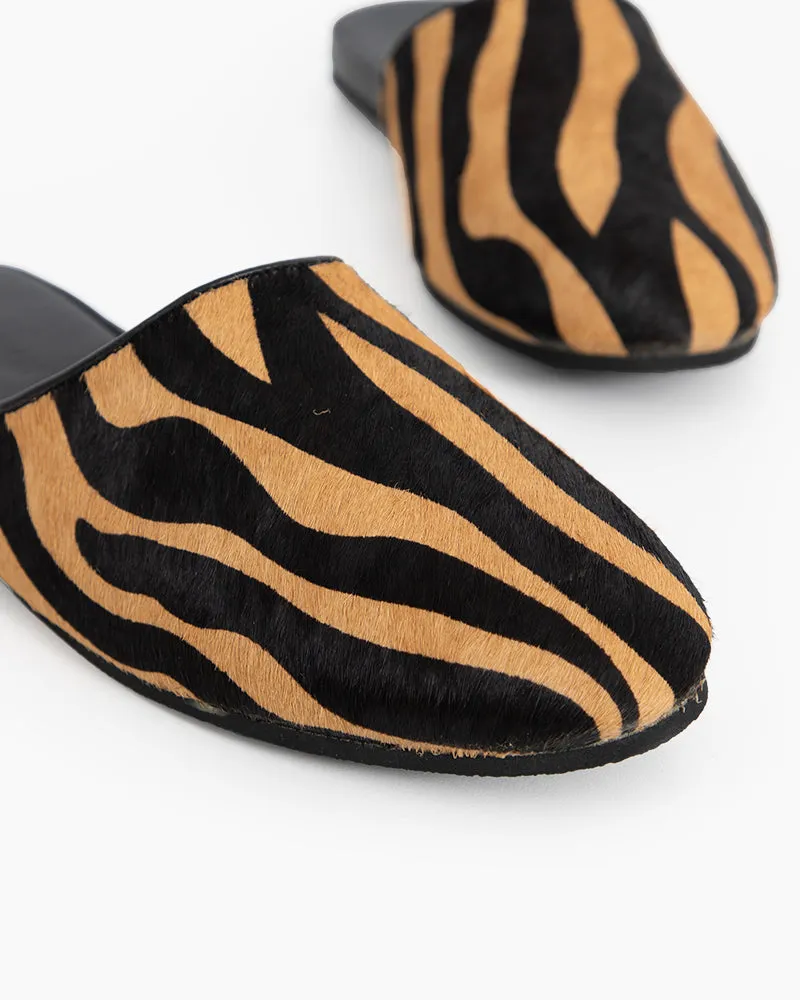 Vertical Striped Calf Hair Flat Slippers Mules