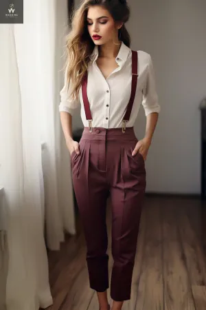 Vintage Burgundy High Waisted Trousers for Women | 90s Retro Style