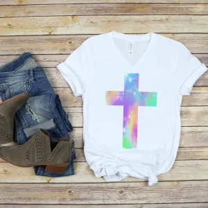Watercolor Distressed Cross Soft V-Neck Tee – Stylish, Faithful, and Luxuriously Soft