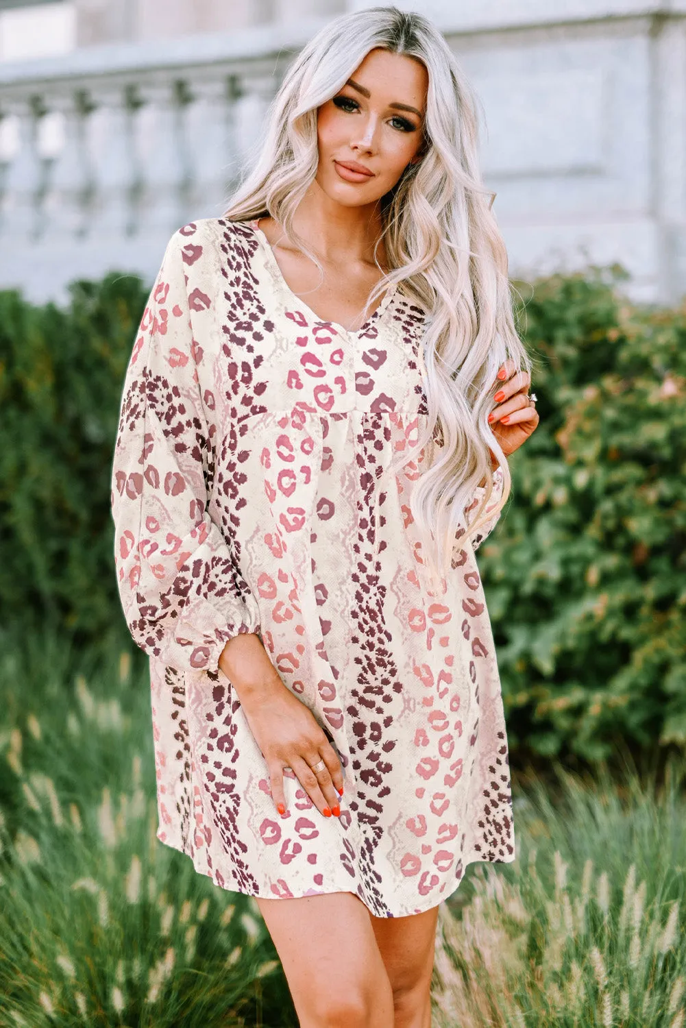 White Leopard V Neck Puffy Sleeve Dress