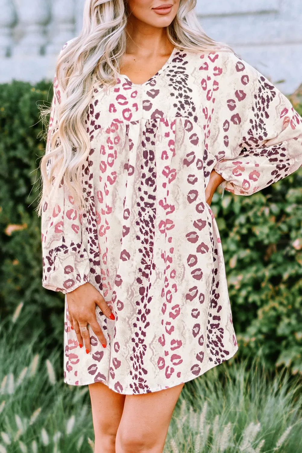 White Leopard V Neck Puffy Sleeve Dress
