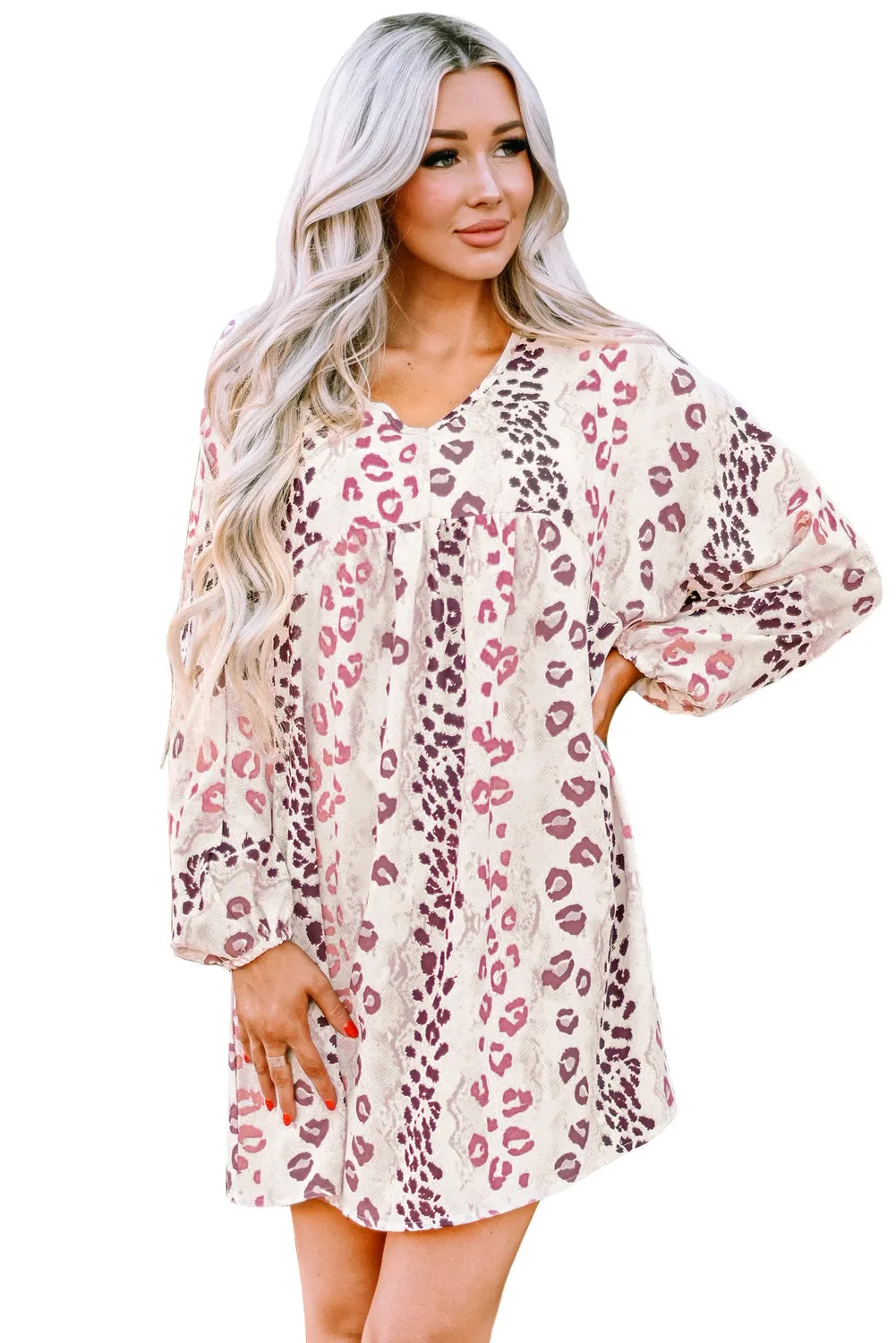 White Leopard V Neck Puffy Sleeve Dress