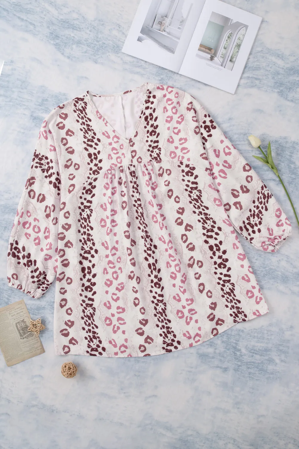 White Leopard V Neck Puffy Sleeve Dress