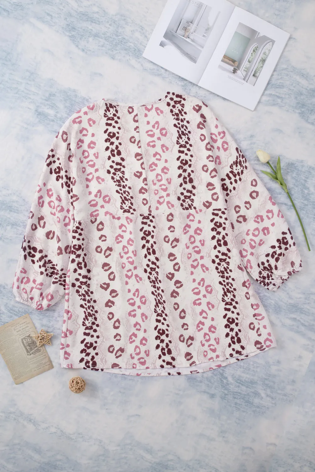 White Leopard V Neck Puffy Sleeve Dress