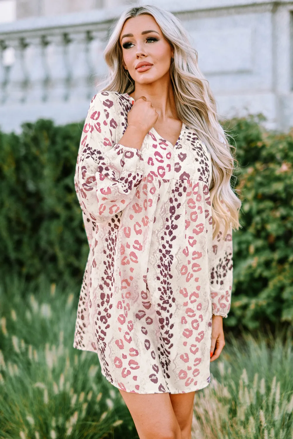 White Leopard V Neck Puffy Sleeve Dress