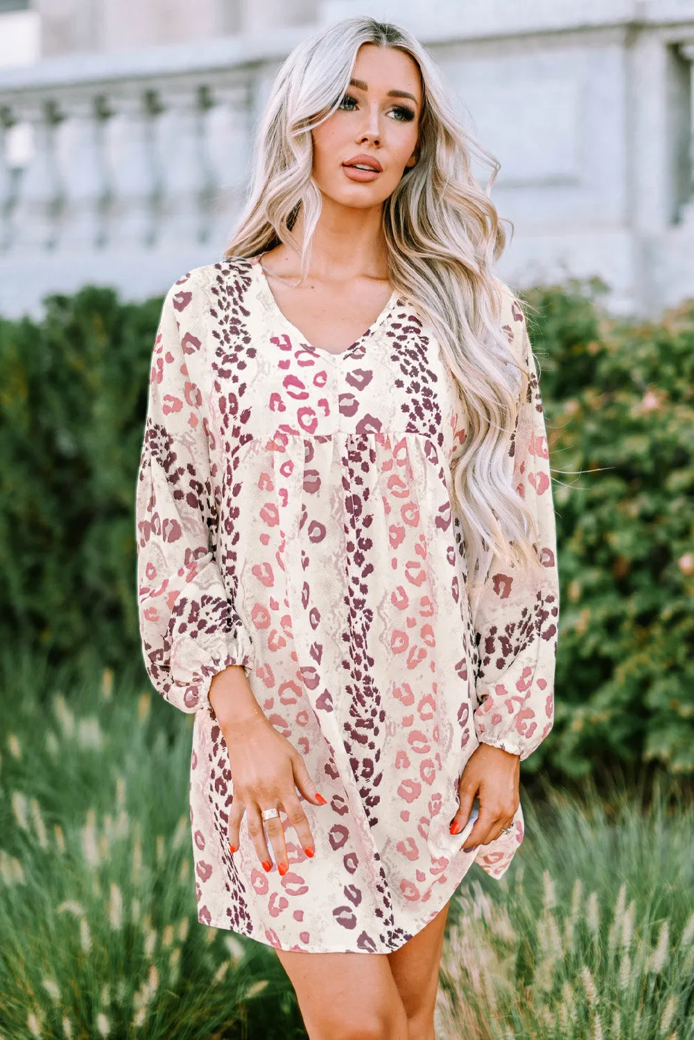 White Leopard V Neck Puffy Sleeve Dress