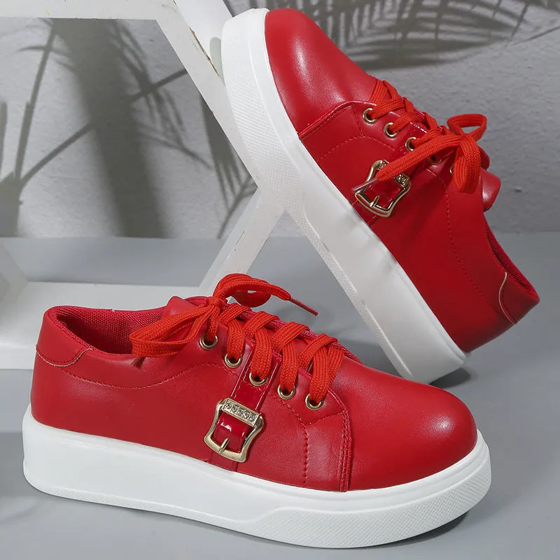 Women Lace-up Flats With Metal Buckle Round Toe Loafers