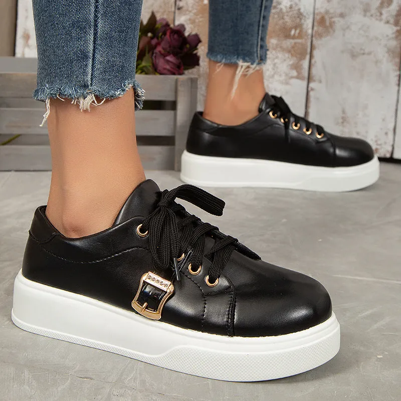 Women Lace-up Flats With Metal Buckle Round Toe Loafers