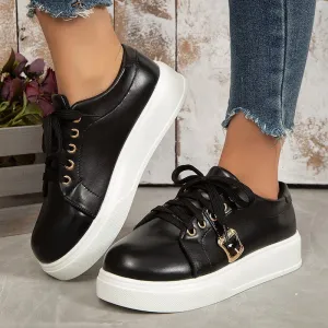 Women Lace-up Flats With Metal Buckle Round Toe Loafers
