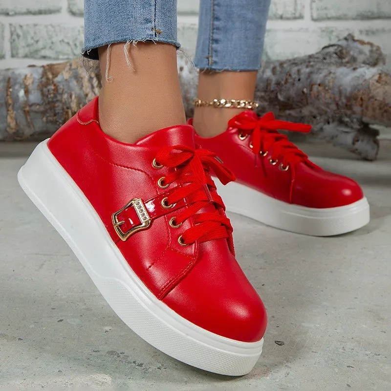 Women Lace-up Flats With Metal Buckle Round Toe Loafers