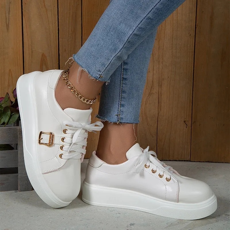 Women Lace-up Flats With Metal Buckle Round Toe Loafers