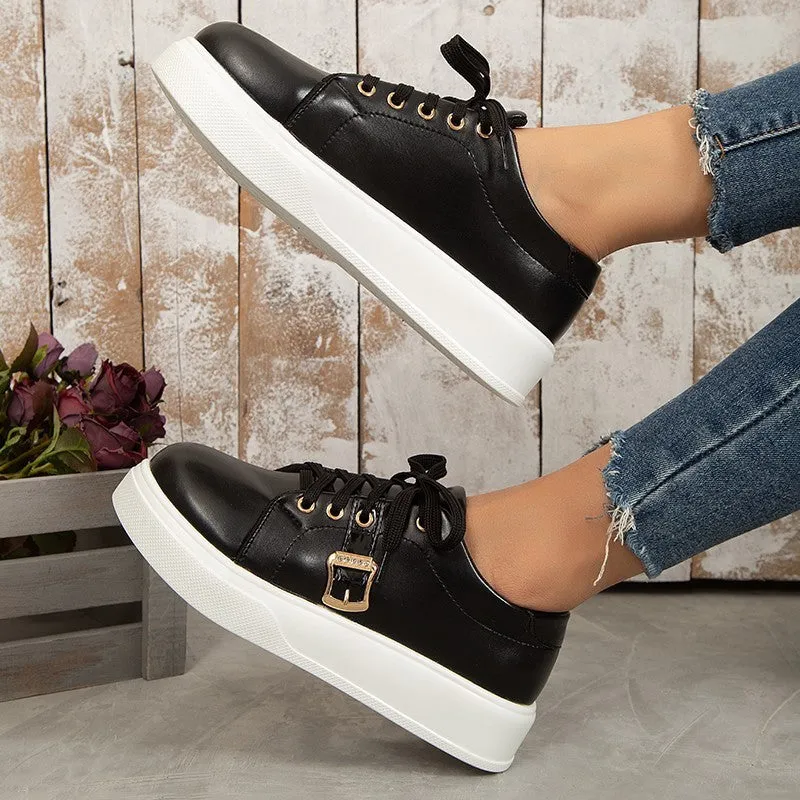 Women Lace-up Flats With Metal Buckle Round Toe Loafers