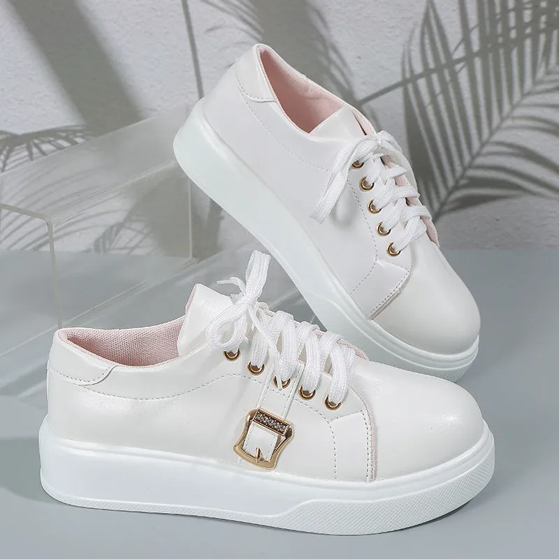 Women Lace-up Flats With Metal Buckle Round Toe Loafers