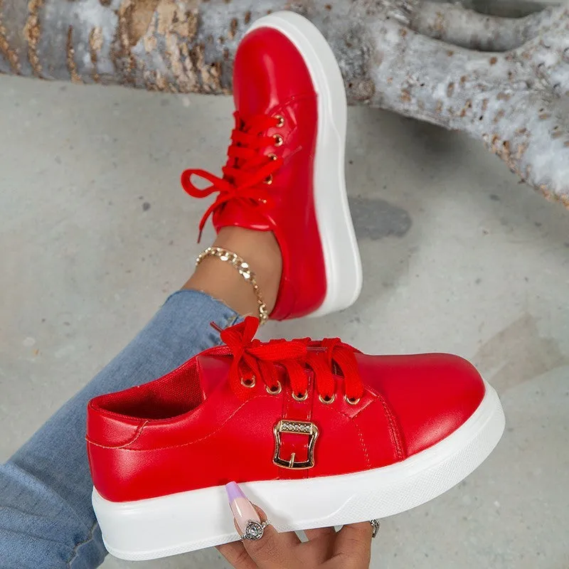 Women Lace-up Flats With Metal Buckle Round Toe Loafers