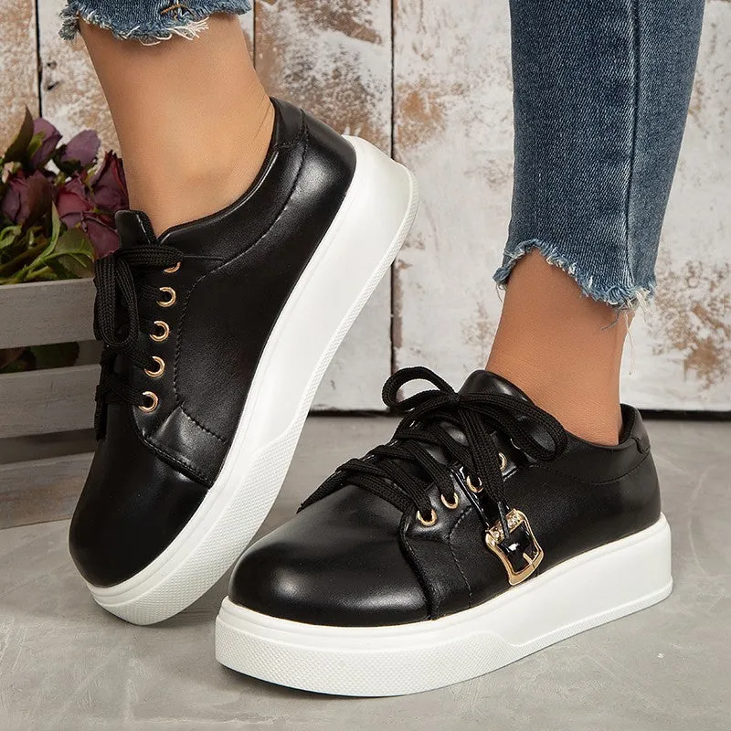 Women Lace-up Flats With Metal Buckle Round Toe Loafers