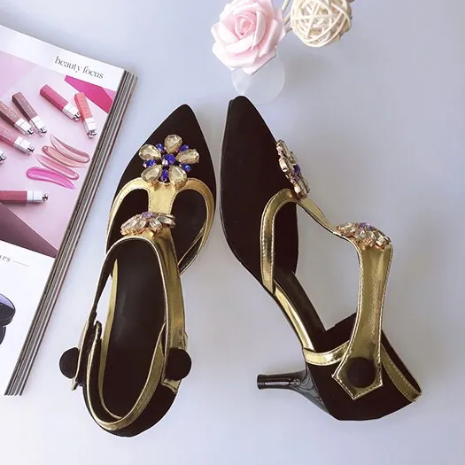 women rhinestone scarpin jewel suede flower female crystal high heels shoes luxury pointed toe pumps wine red t strap diamond