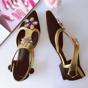 women rhinestone scarpin jewel suede flower female crystal high heels shoes luxury pointed toe pumps wine red t strap diamond