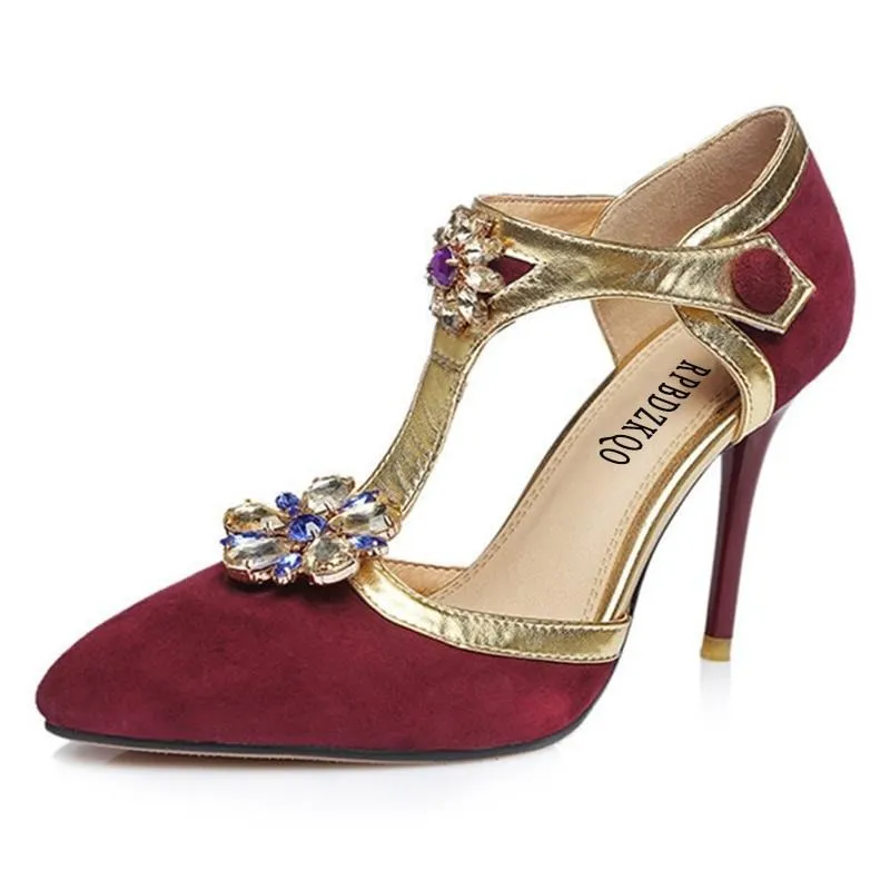 women rhinestone scarpin jewel suede flower female crystal high heels shoes luxury pointed toe pumps wine red t strap diamond