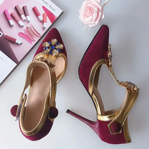 women rhinestone scarpin jewel suede flower female crystal high heels shoes luxury pointed toe pumps wine red t strap diamond