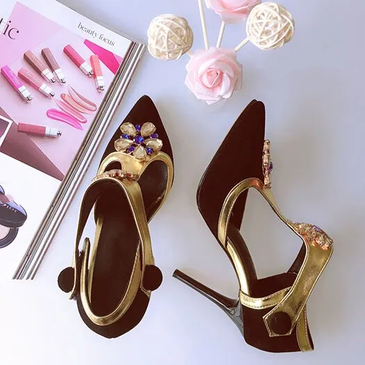 women rhinestone scarpin jewel suede flower female crystal high heels shoes luxury pointed toe pumps wine red t strap diamond
