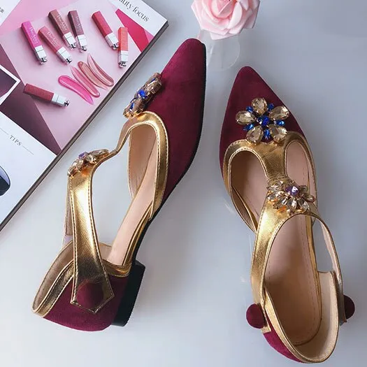women rhinestone scarpin jewel suede flower female crystal high heels shoes luxury pointed toe pumps wine red t strap diamond