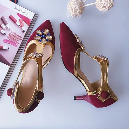 women rhinestone scarpin jewel suede flower female crystal high heels shoes luxury pointed toe pumps wine red t strap diamond