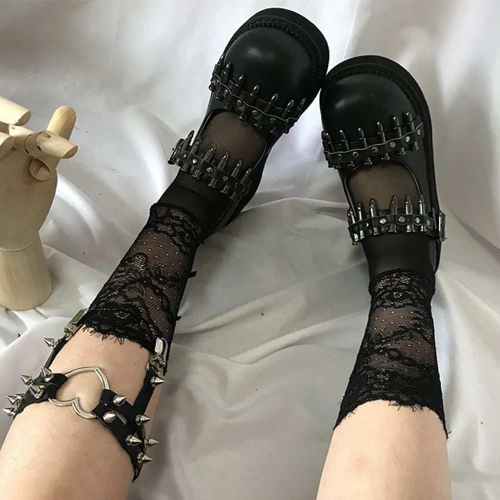 Women Shoes Gothic Vintage Female Thin Shoes Black Girl Warhead Rivet Buckle Single Shoes Harajuku Retro Women Shoes