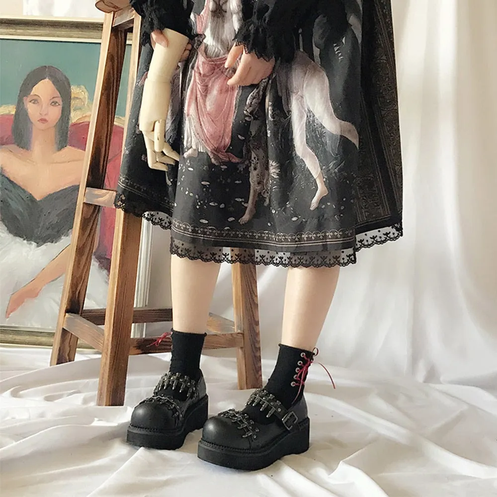 Women Shoes Gothic Vintage Female Thin Shoes Black Girl Warhead Rivet Buckle Single Shoes Harajuku Retro Women Shoes