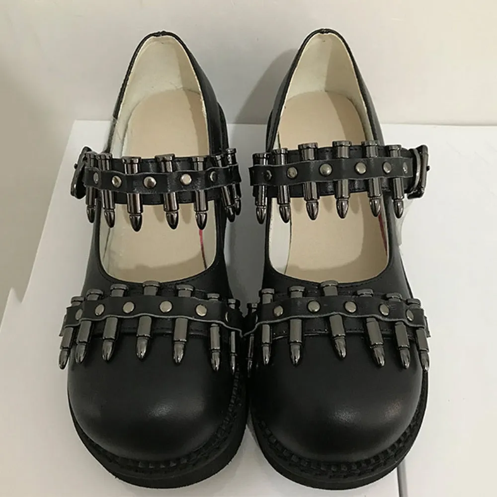 Women Shoes Gothic Vintage Female Thin Shoes Black Girl Warhead Rivet Buckle Single Shoes Harajuku Retro Women Shoes