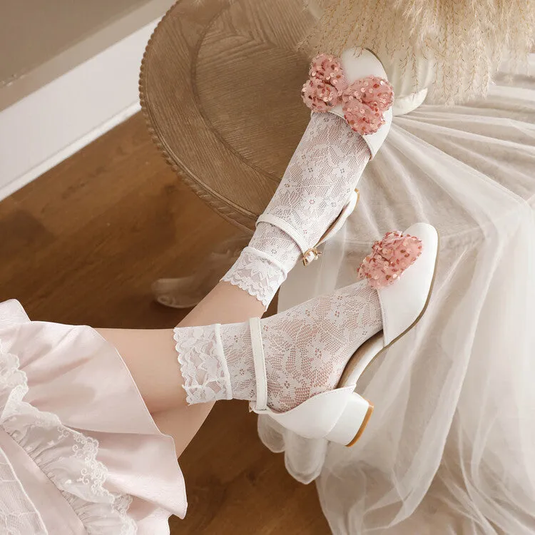 Women's Ankle Strap Rhinestone Butterfly Knot Hollow Out Block Heel Sandals